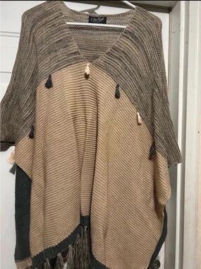 CC Boutique Taupe & Beige Tassel Knit Poncho
